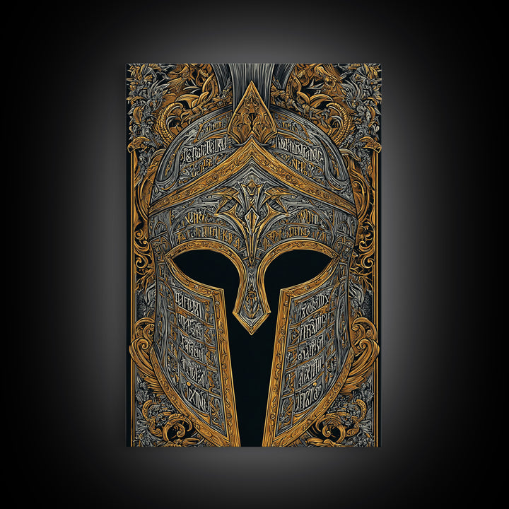 Engraved Bronze Helmet with Greek Script – Canvas Gold Art, Rustic Framed Canvas Art, Mythology-Inspired Warrior Wall Accent