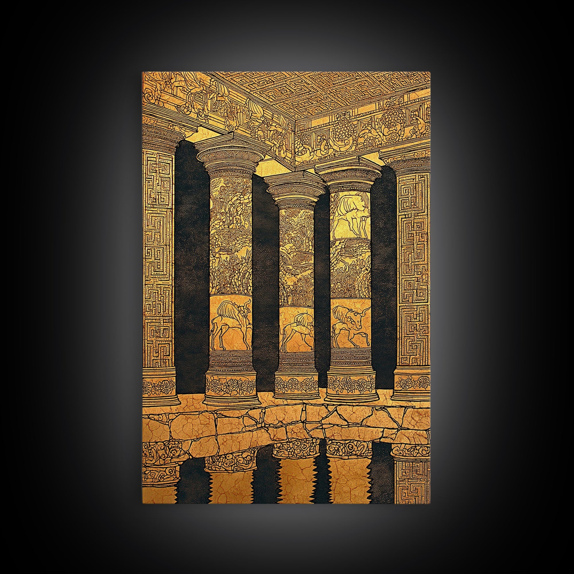 Ancient Greek Temple Columns, Canvas Gold Canvas Print, Classical Architecture Wall Art, Historic Decor, Real Wood Frame Artwork