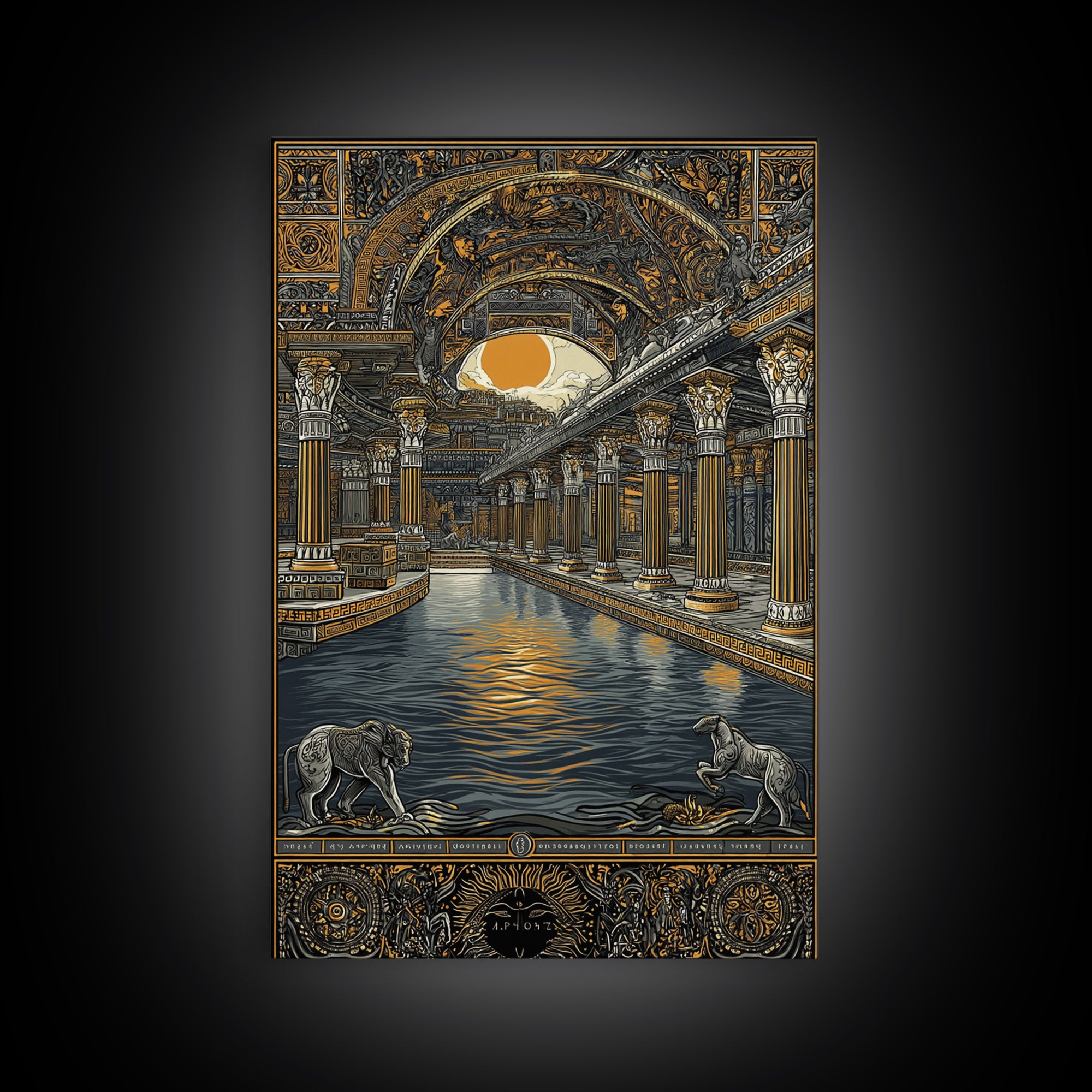 Ancient Temple Columns And Sun, Canvas Gold Canvas Print, Mythical Architecture Wall Art, Real Wood Framed Artwork