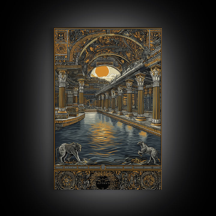 Ancient Temple Columns And Sun, Canvas Gold Canvas Print, Mythical Architecture Wall Art, Real Wood Framed Artwork
