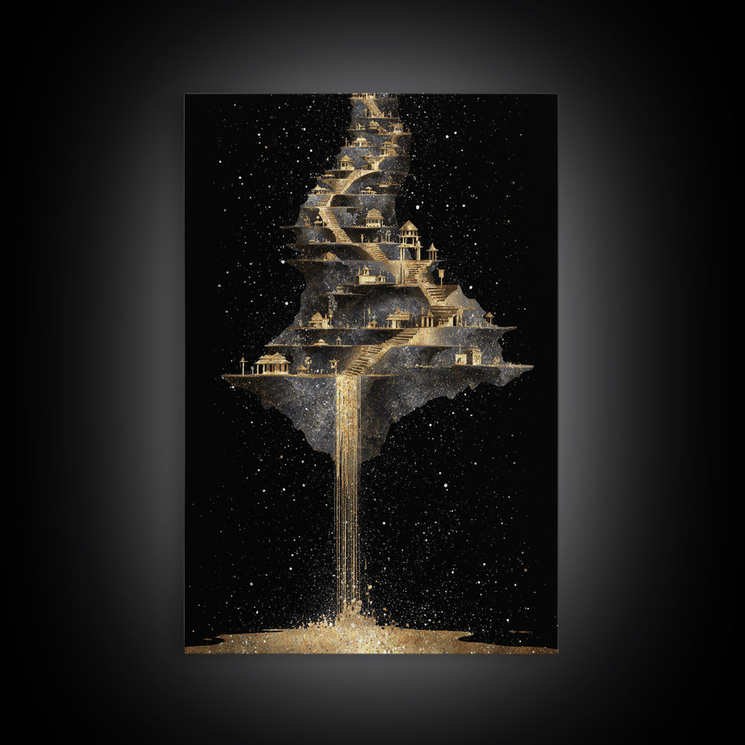 Floating Cosmic City Of Light, Canvas Gold Canvas Print, Fantasy Architecture Wall Art, Real Wood Framed Home Decor