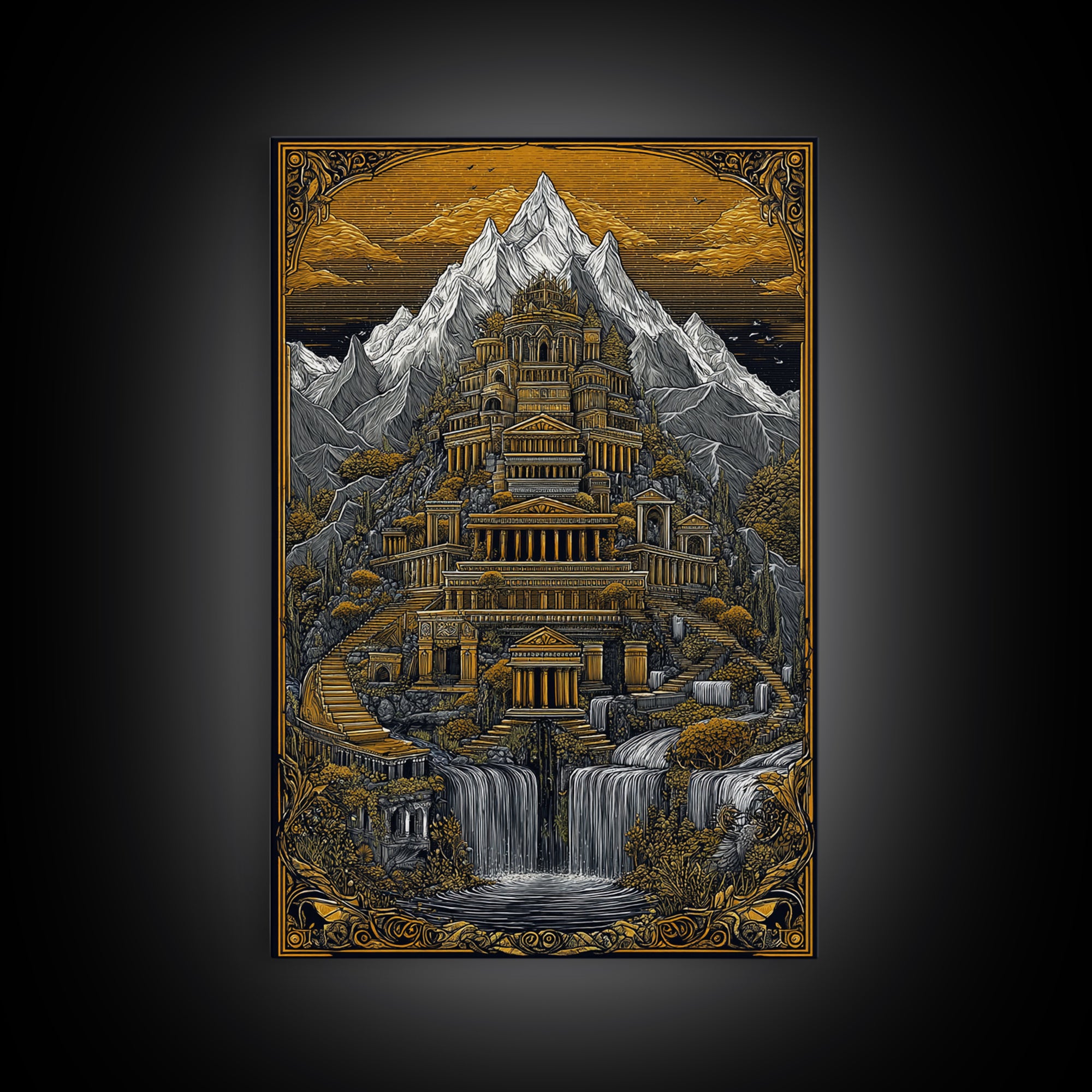Mythical Mountain Palace With Waterfalls, Canvas Gold Canvas Print, Fantasy Landscape Art, Real Wood Framed Wall Decor