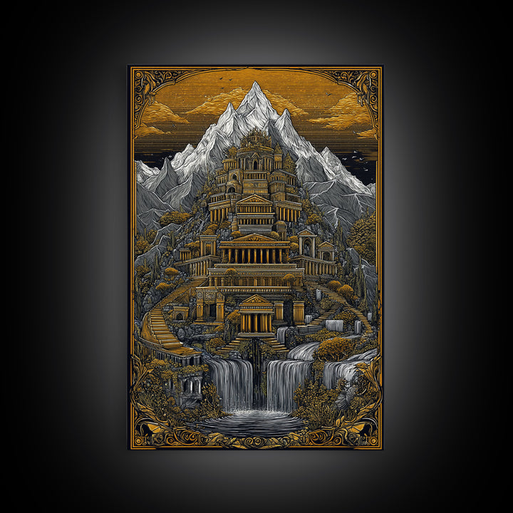 Mythical Mountain Palace With Waterfalls, Canvas Gold Canvas Print, Fantasy Landscape Art, Real Wood Framed Wall Decor