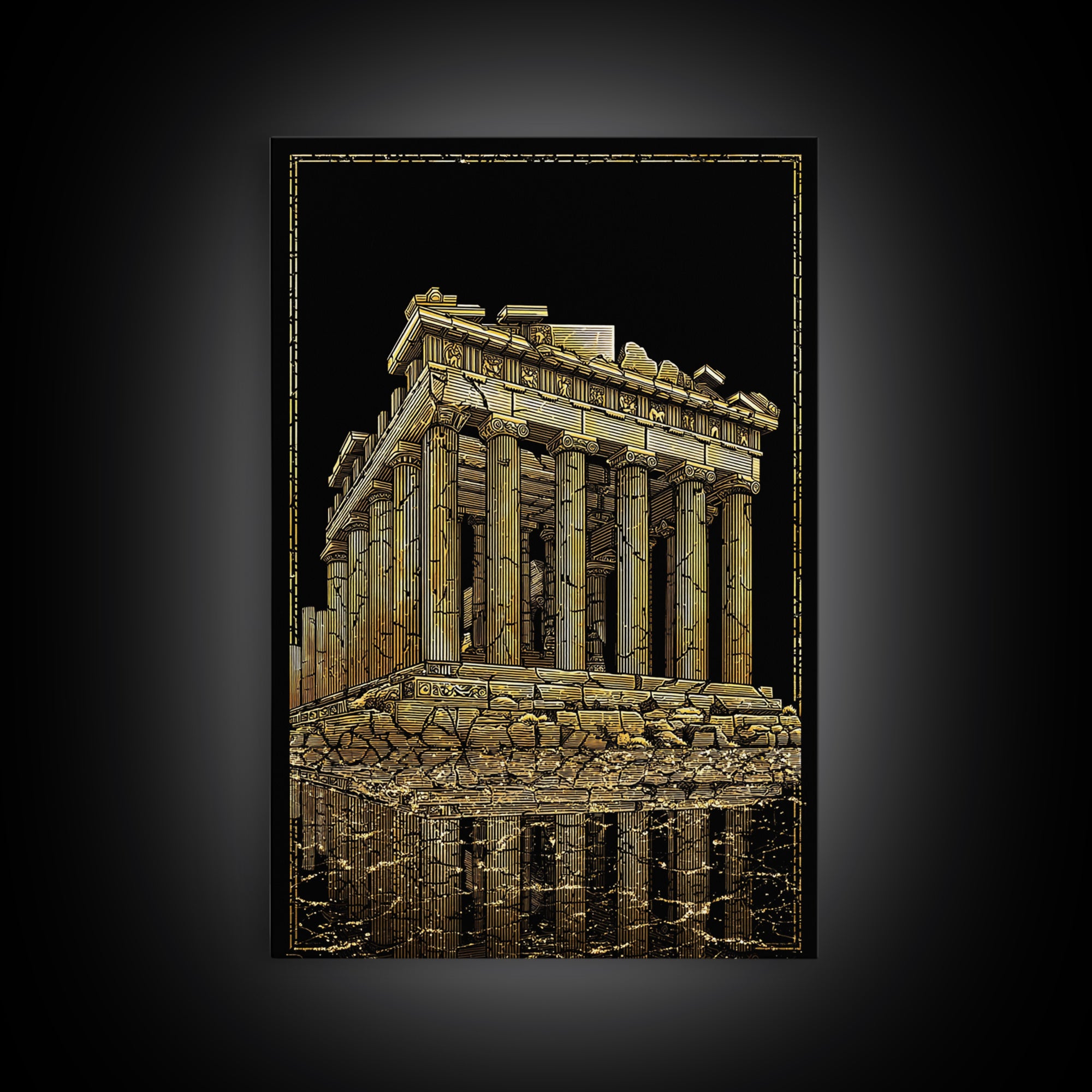 Ancient Ruins On Water Reflection, Canvas Gold Canvas Print, Classical Greek Architecture Wall Art, Real Wood Framed Art