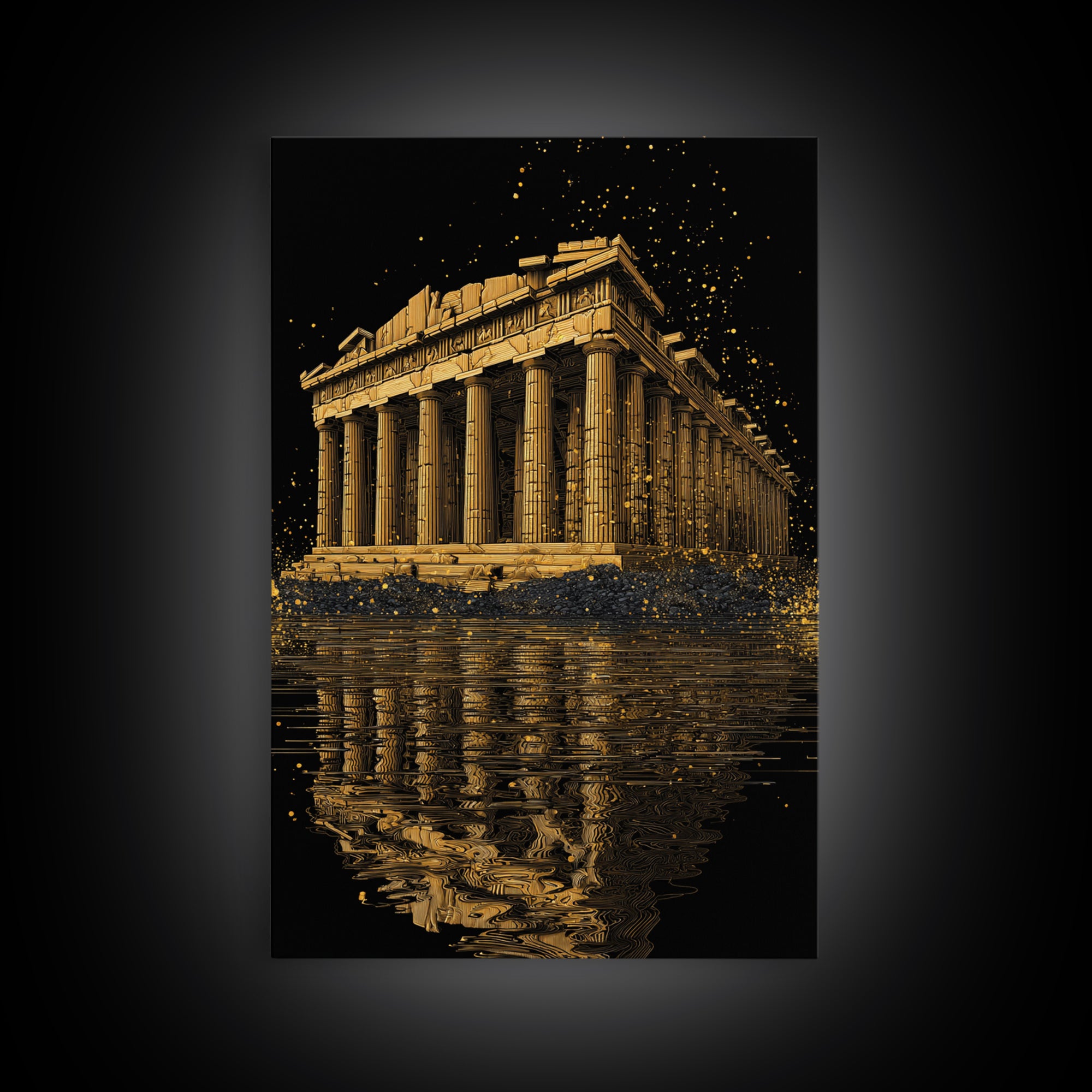 Parthenon Temple Reflection Shimmer, Canvas Gold Canvas Print, Ancient Greek Architecture Artwork, Real Wood Framed Decor