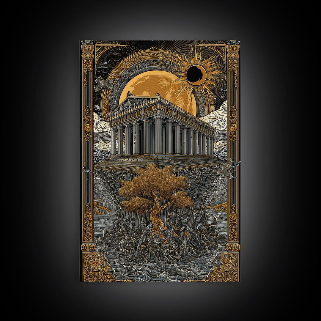 Temple Under Eclipse Sun And Stars, Canvas Gold Canvas Print, Mythical Fantasy Architecture Wall Art, Real Wood Framed Art