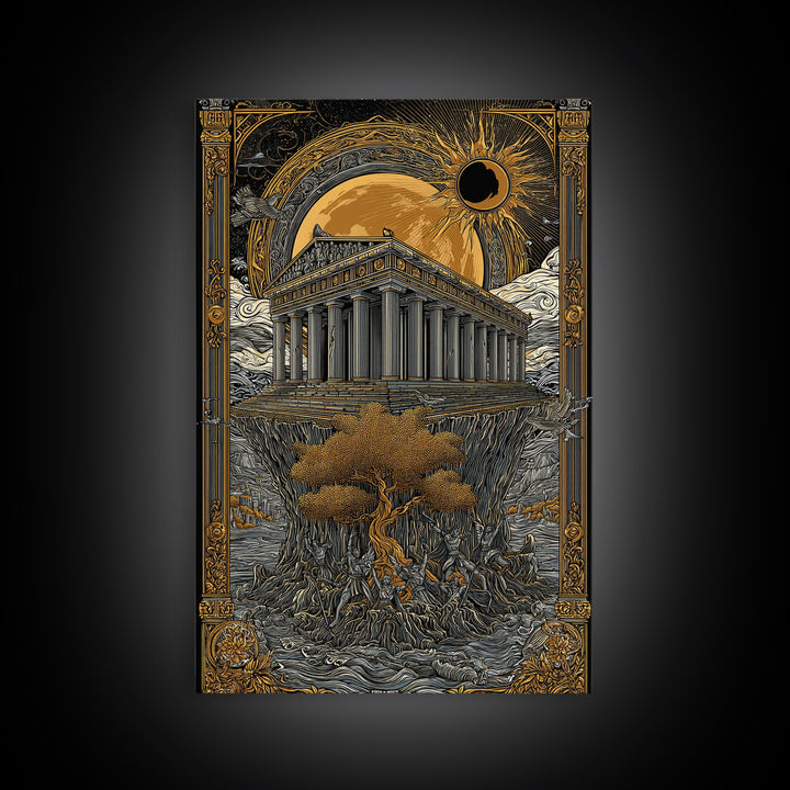 Temple Under Eclipse Sun And Stars, Canvas Gold Canvas Print, Mythical Fantasy Architecture Wall Art, Real Wood Framed Art