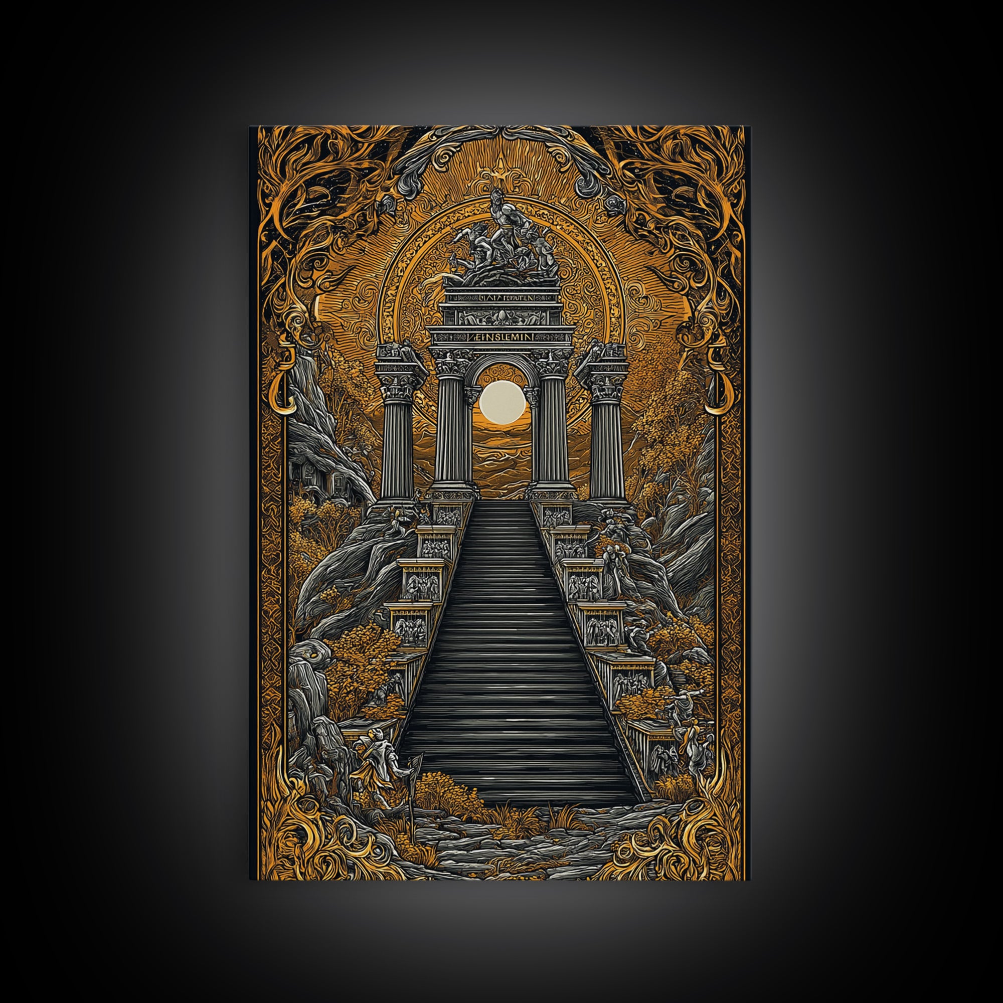 Grand Temple Archway And Stairs, Canvas Gold Canvas Print, Mythical Ancient Architecture Artwork, Real Wood Framed Decor