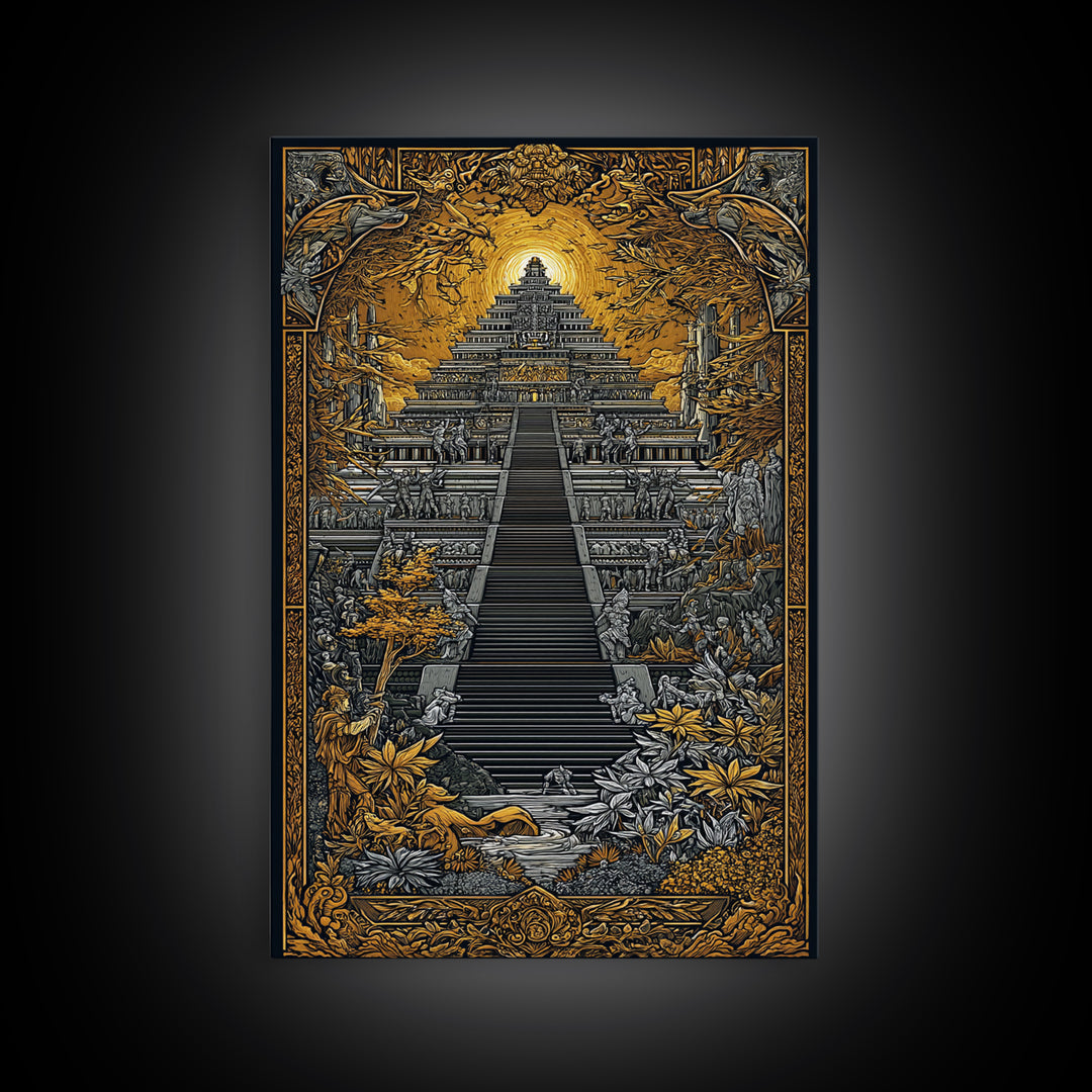 Mythical Ziggurat Sunlit Temple, Canvas Gold Canvas Print, Ancient Fantasy Architecture Wall Art, Real Wood Framed Artwork