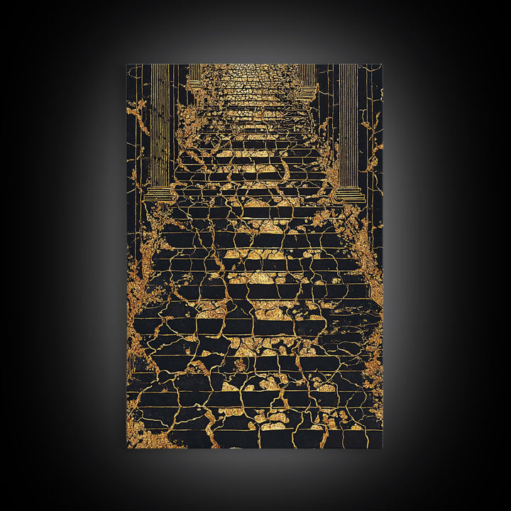 Cracked Marble Golden Stairway, Canvas Gold Art, Mythical Abstract Architecture Artwork, Real Wood Framed Wall Decor