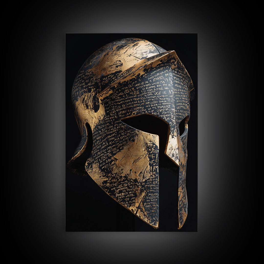 Heavily Ornamented Greek Helmet with Laurel Motif – Canvas Gold Art, Premium Framed Canvas Art with Real Wood, Heroic Wall Display