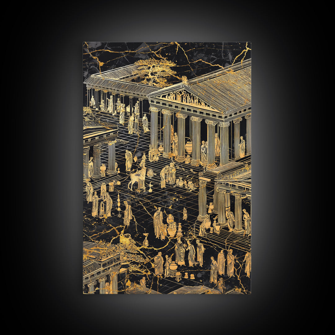 Ancient Marketplace With Temples, Canvas Gold Canvas Print, Classical Greek Architecture Wall Art, Real Wood Framed Decor
