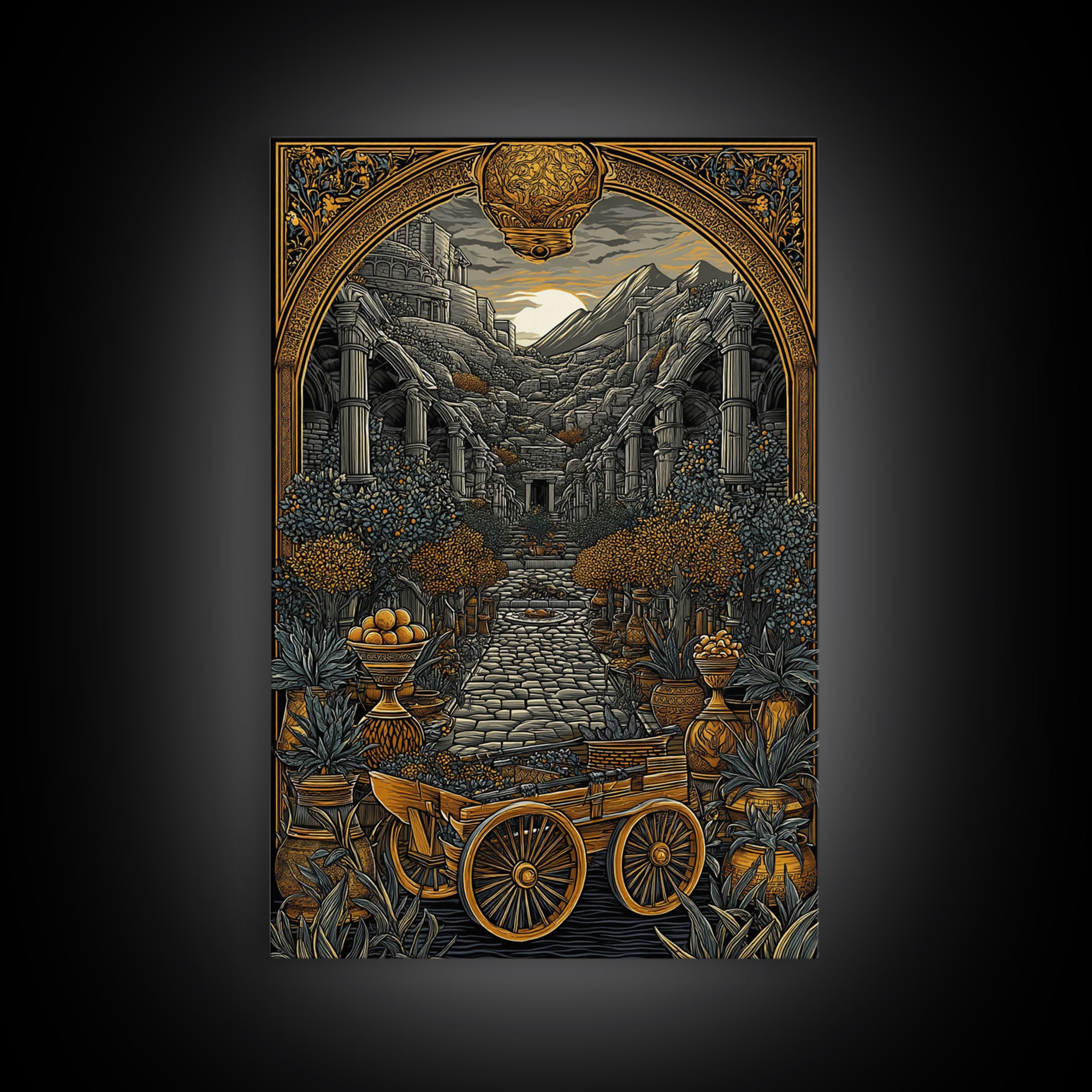 Ancient Courtyard With Columns And Citrus Trees, Canvas Gold Canvas Print, Mythical Garden Wall Art, Real Wood Framed Decor