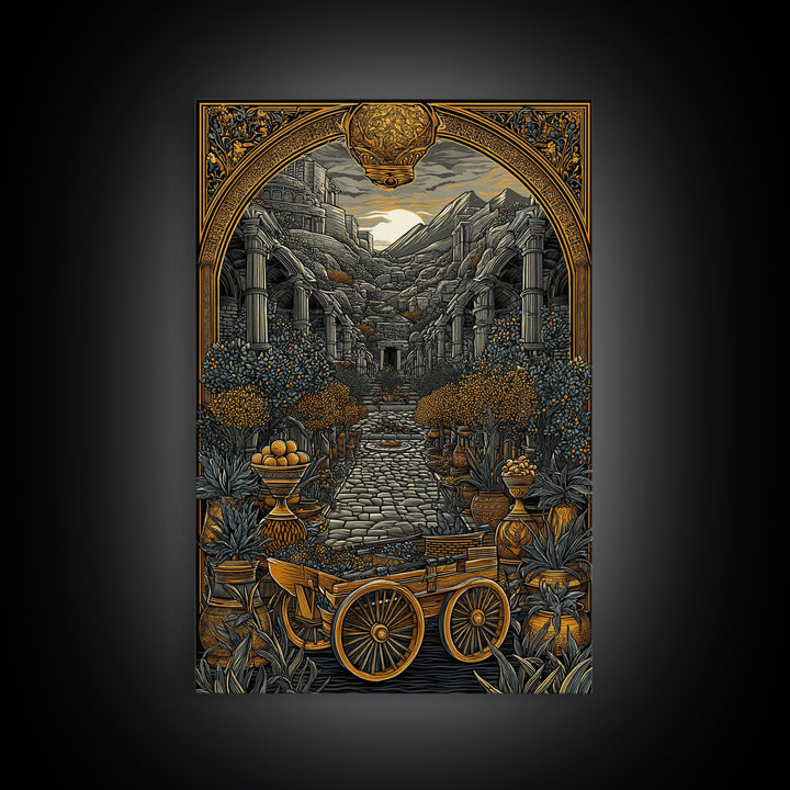 Ancient Courtyard With Columns And Citrus Trees, Canvas Gold Canvas Print, Mythical Garden Wall Art, Real Wood Framed Decor