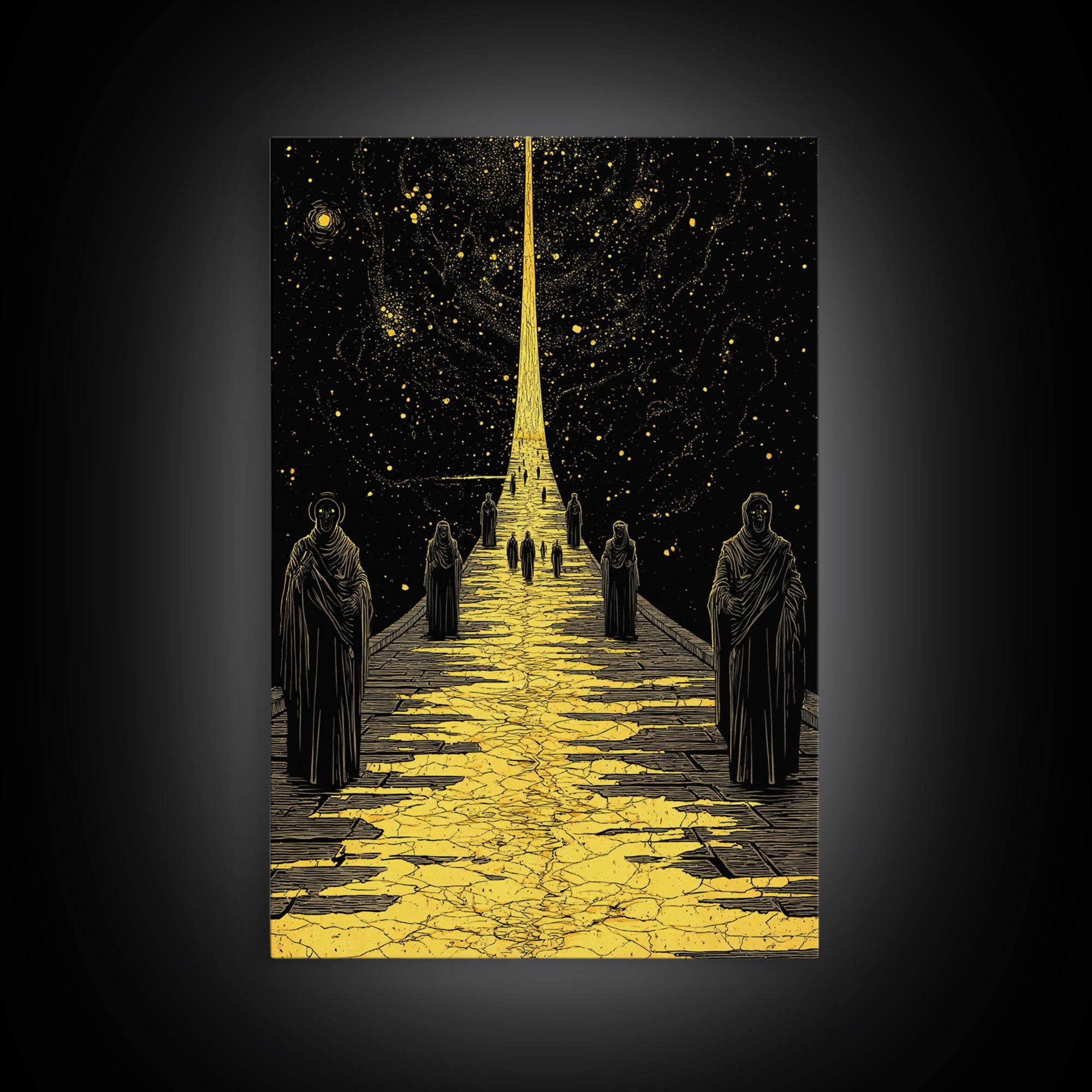 Celestial Path Of Golden Light, Canvas Gold Art, Mystical Night Sky Fantasy Print, Real Wood Framed Wall Artwork