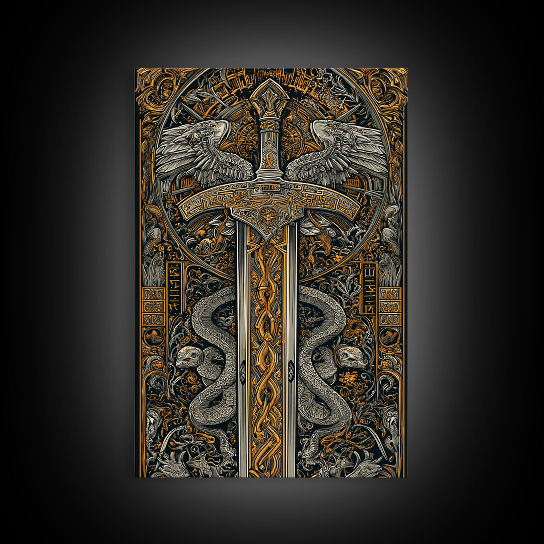 Ornate Sword With Serpents And Wings, Canvas Gold Canvas Print, Medieval Fantasy Wall Art, Real Wood Framed Artwork