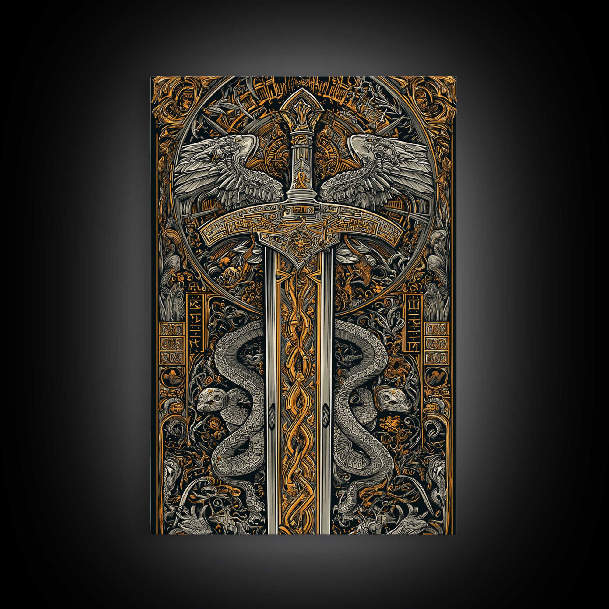 Ornate Sword With Serpents And Wings, Canvas Gold Canvas Print, Medieval Fantasy Wall Art, Real Wood Framed Artwork