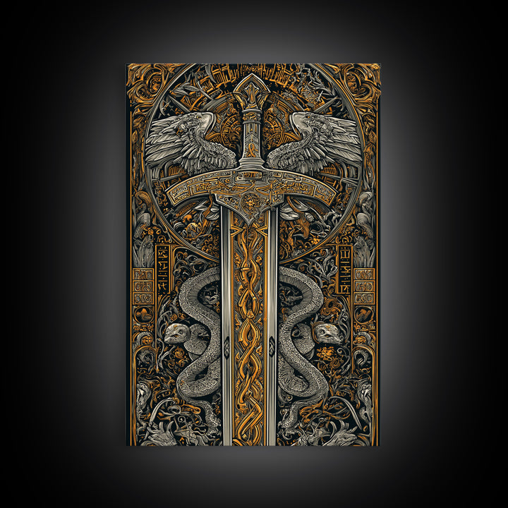 Ornate Sword With Serpents And Wings, Canvas Gold Canvas Print, Medieval Fantasy Wall Art, Real Wood Framed Artwork