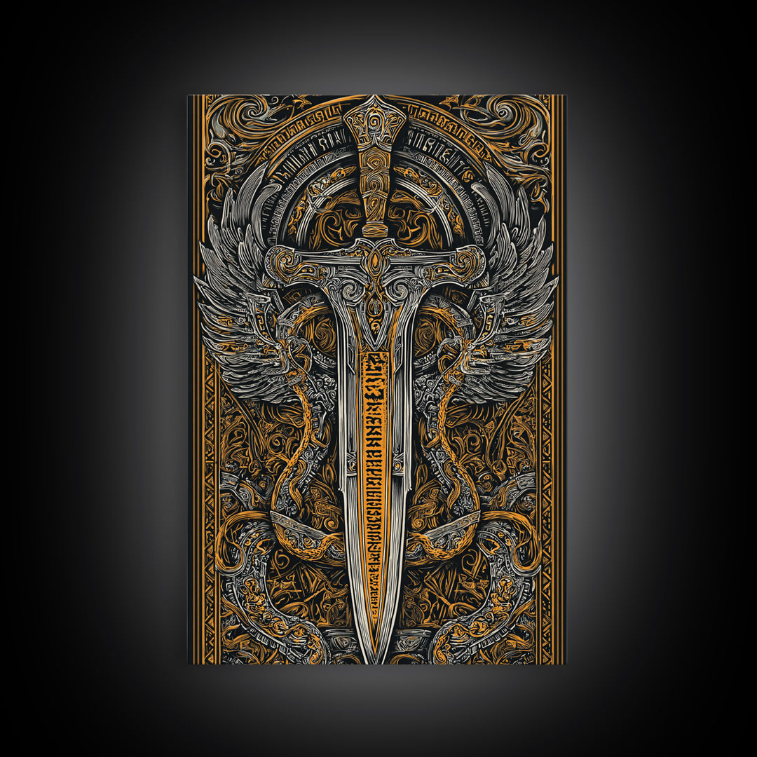 Winged Sword Surrounded By Dragons, Canvas Gold Art, Medieval Fantasy Canvas Print, Real Wood Framed Mythical Decor