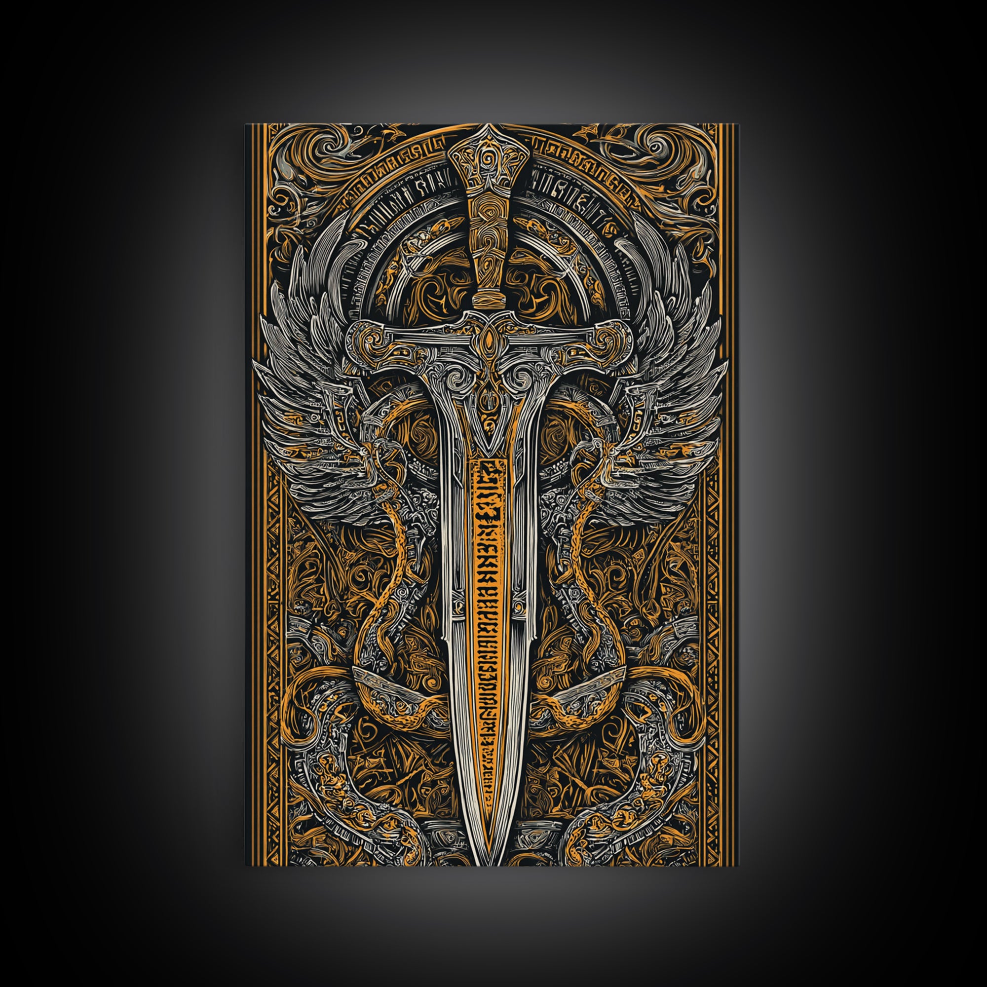 Winged Sword Surrounded By Dragons, Canvas Gold Art, Medieval Fantasy Canvas Print, Real Wood Framed Mythical Decor