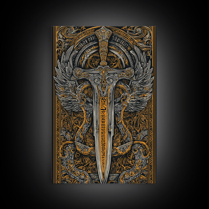Winged Sword Surrounded By Dragons, Canvas Gold Art, Medieval Fantasy Canvas Print, Real Wood Framed Mythical Decor