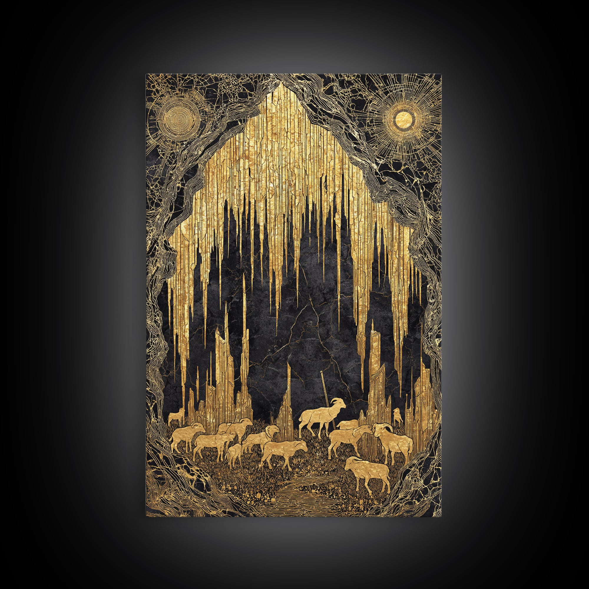 Golden Cave With Mountain Goats, Canvas Gold Canvas Print, Mythical Nature Landscape Art, Real Wood Framed Wall Decor