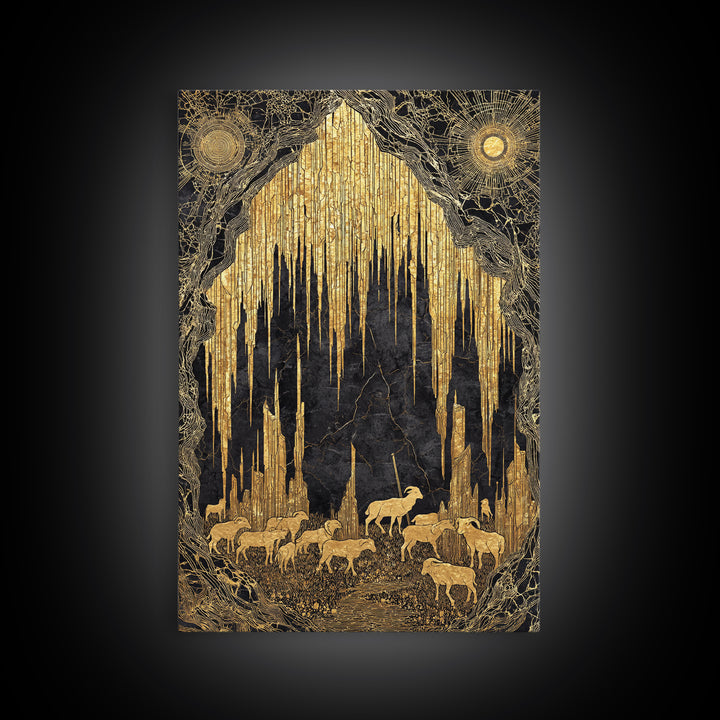 Golden Cave With Mountain Goats, Canvas Gold Canvas Print, Mythical Nature Landscape Art, Real Wood Framed Wall Decor