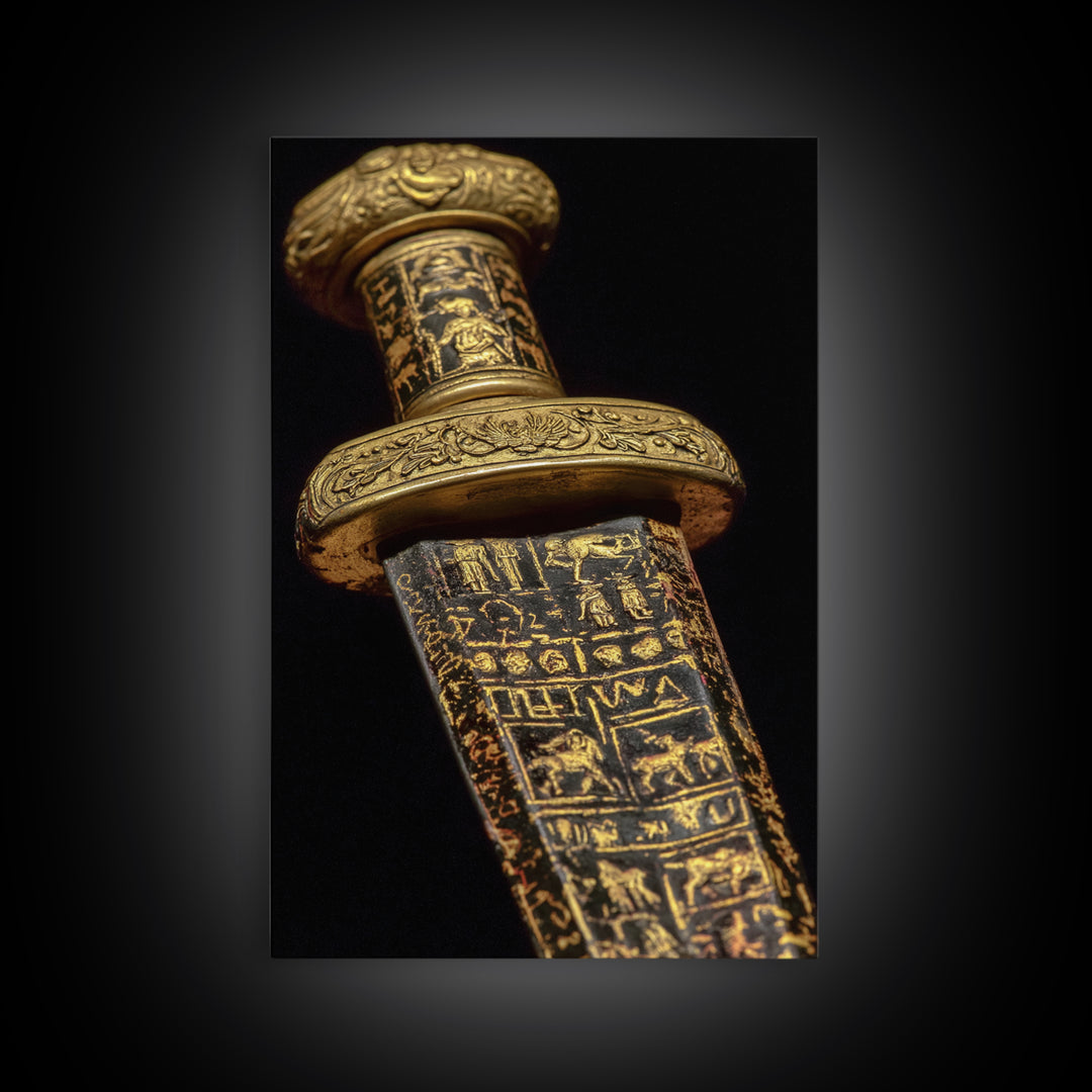 Ancient Sword With Etched Symbols, Canvas Gold Canvas Print, Mystical Weaponry Wall Art, Real Wood Framed Artwork