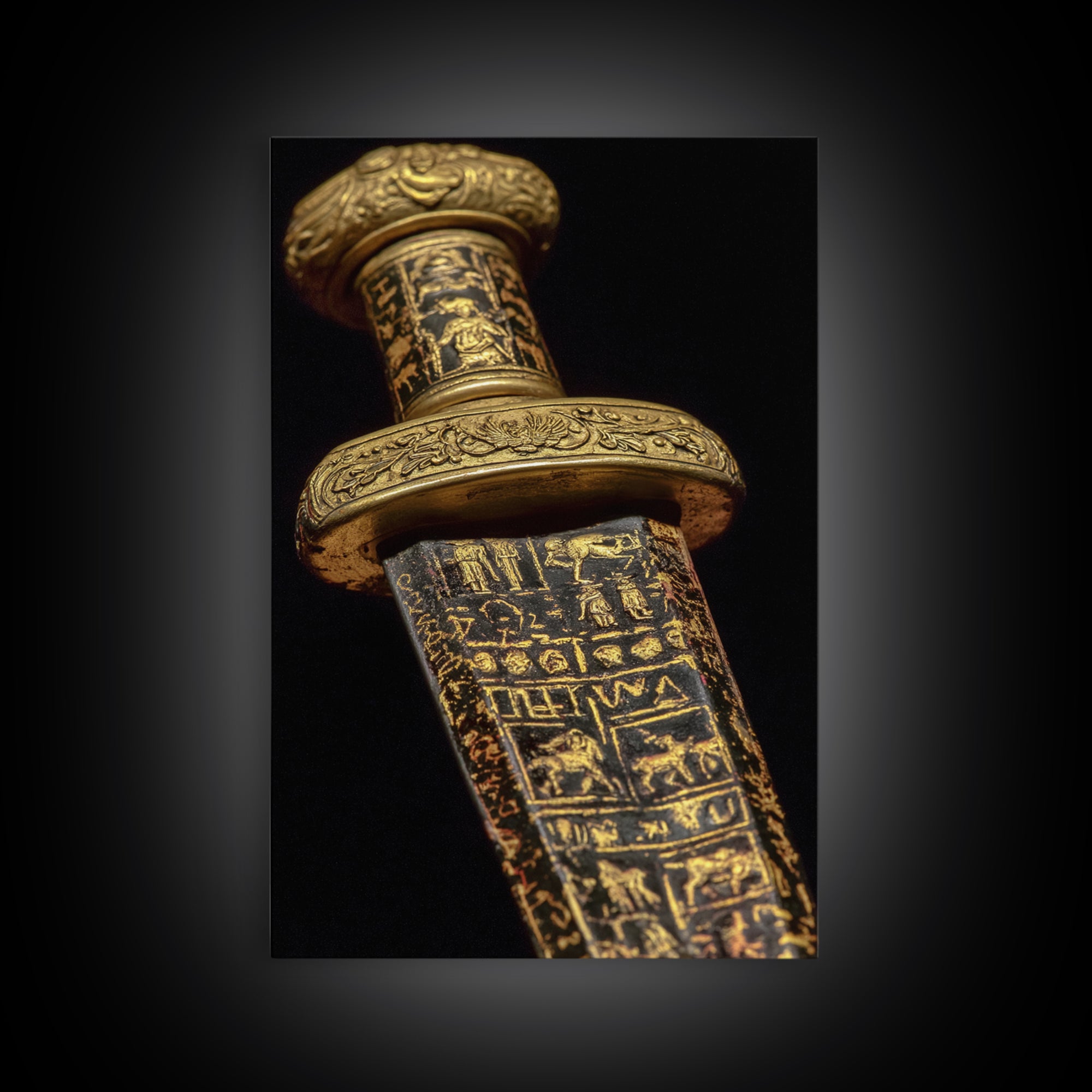 Ancient Sword With Etched Symbols, Canvas Gold Canvas Print, Mystical Weaponry Wall Art, Real Wood Framed Artwork