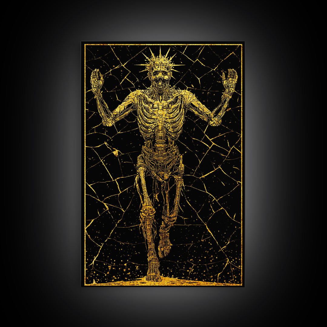 Golden Skeleton With Radiant Crown, Canvas Gold Art, Mythical Dark Fantasy Wall Print, Real Wood Framed Decor