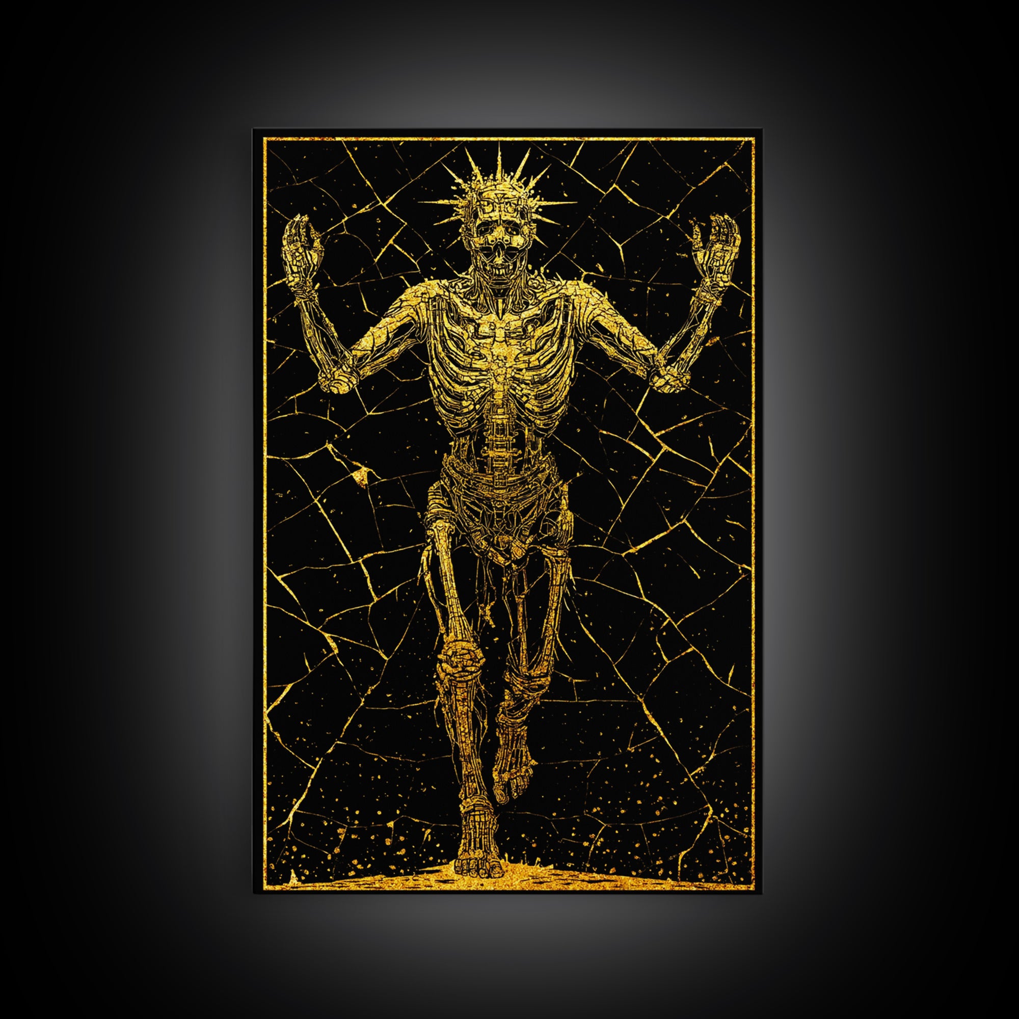 Golden Skeleton With Radiant Crown, Canvas Gold Art, Mythical Dark Fantasy Wall Print, Real Wood Framed Decor