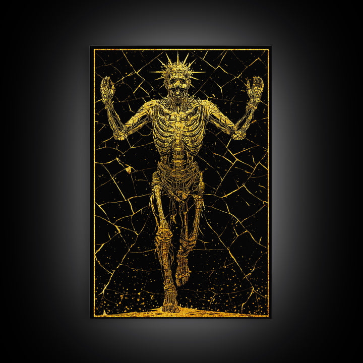 Golden Skeleton With Radiant Crown, Canvas Gold Art, Mythical Dark Fantasy Wall Print, Real Wood Framed Decor