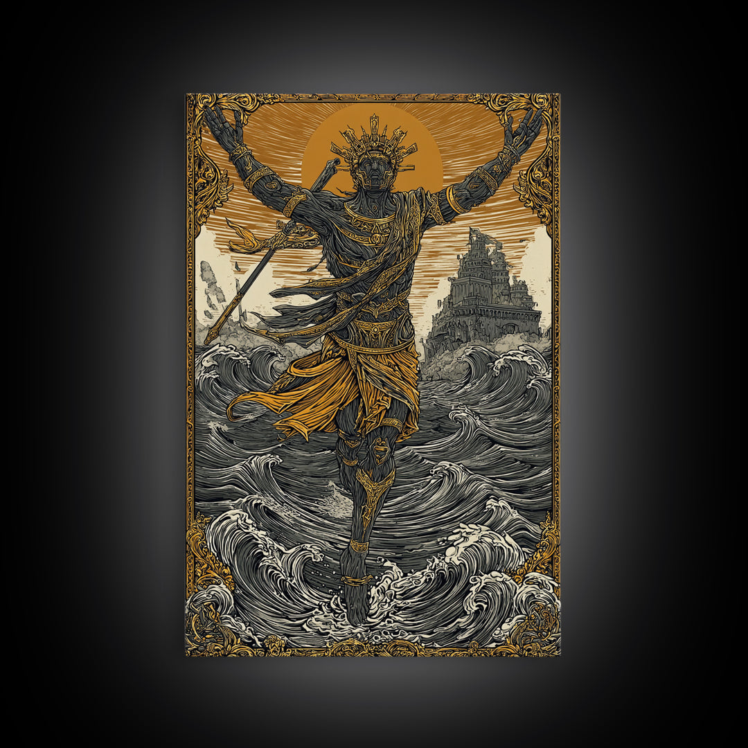 Sea God Statue Rising From Waves, Canvas Gold Canvas Print, Mythical Ocean Fantasy Wall Art, Real Wood Framed Decor