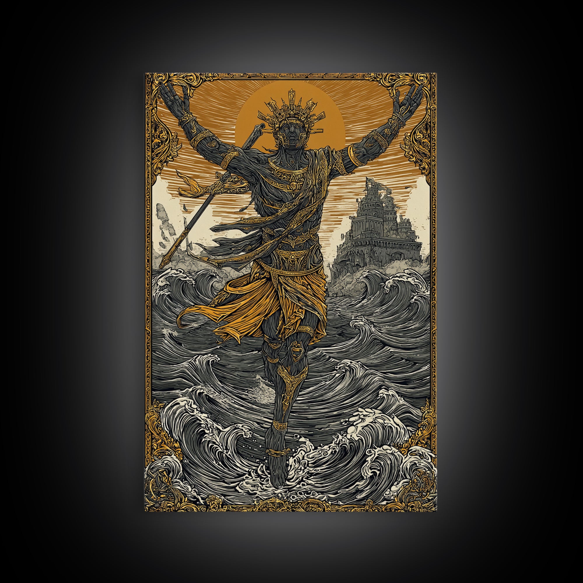 Sea God Statue Rising From Waves, Canvas Gold Canvas Print, Mythical Ocean Fantasy Wall Art, Real Wood Framed Decor