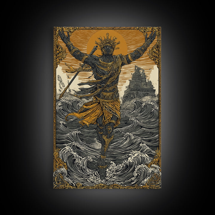 Sea God Statue Rising From Waves, Canvas Gold Canvas Print, Mythical Ocean Fantasy Wall Art, Real Wood Framed Decor