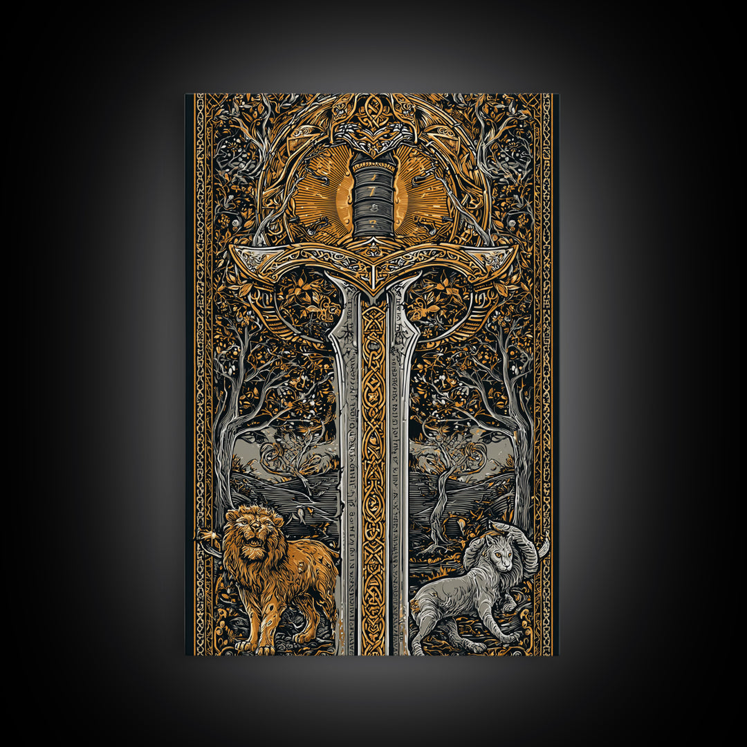 Sword With Lion And Ram Guardians, Canvas Gold Canvas Print, Mythical Medieval Wall Art, Real Wood Framed Fantasy Decor