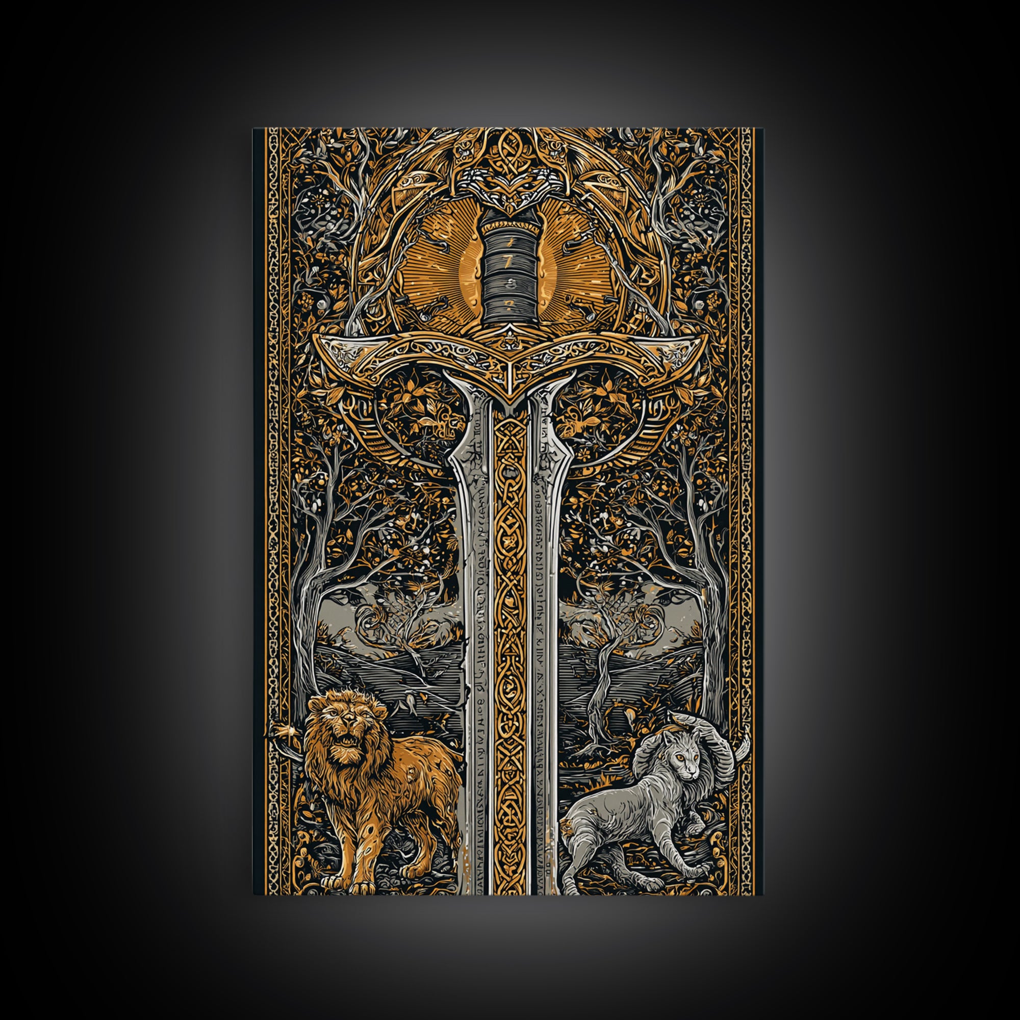 Sword With Lion And Ram Guardians, Canvas Gold Canvas Print, Mythical Medieval Wall Art, Real Wood Framed Fantasy Decor