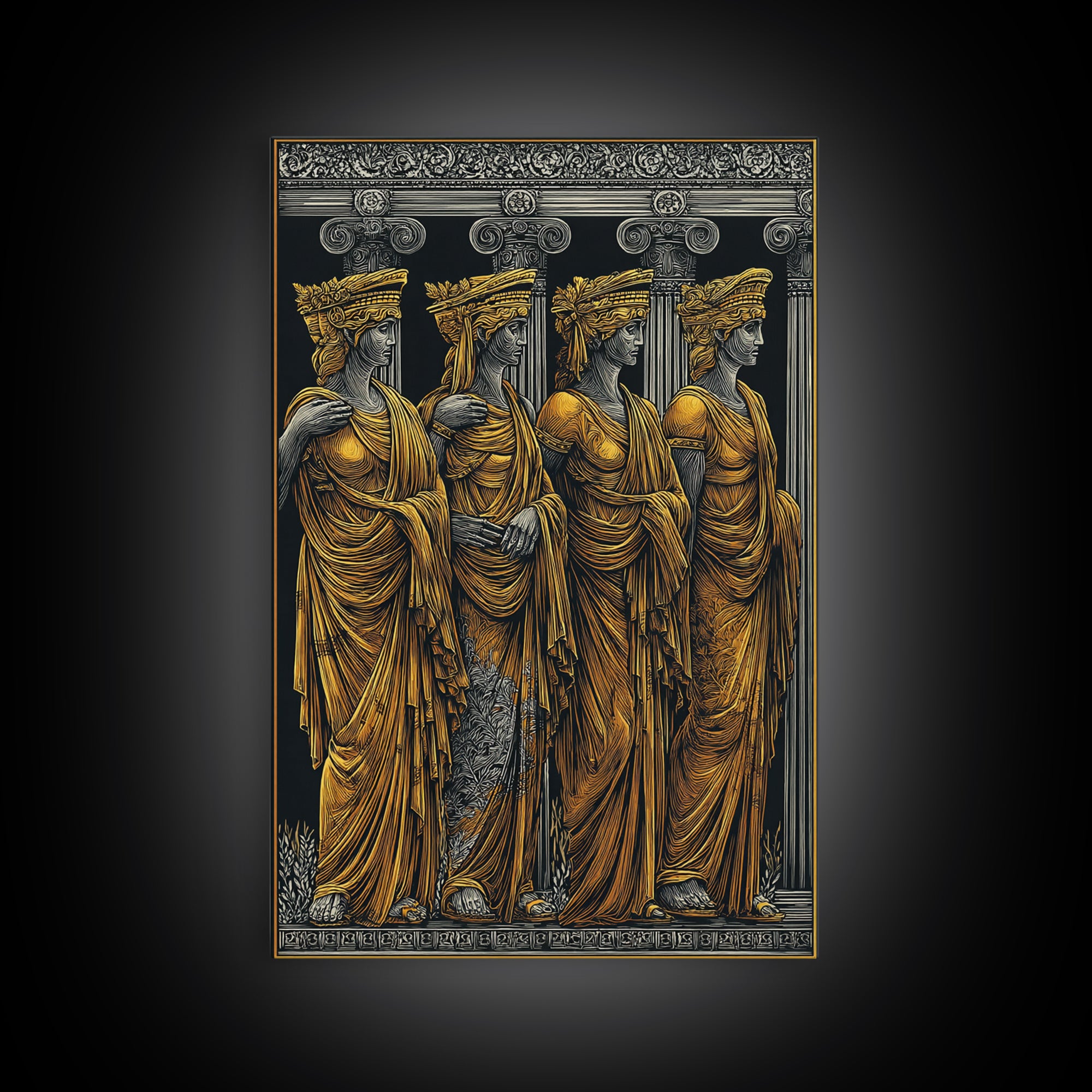 Ancient Greek Caryatids Canvas Gold Canvas Print, Classical Architecture Wall Art, Real Wood Frame Home Decor