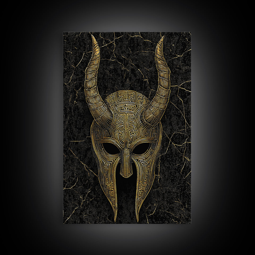 Horned Spartan Helmet Canvas Gold Art, Mythology Warrior Canvas Print, Real Wood Frame Greek Wall Decor
