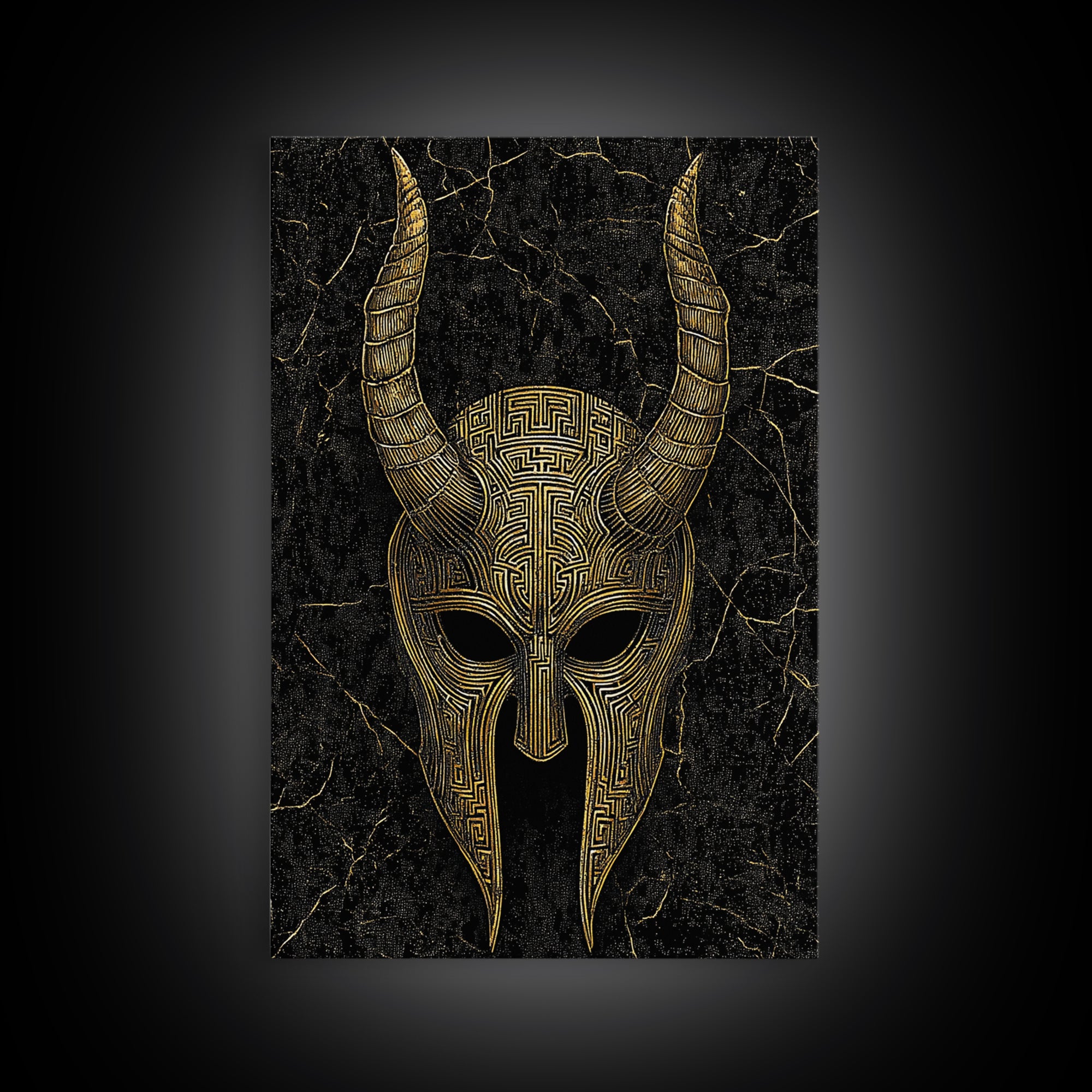 Horned Spartan Helmet Canvas Gold Art, Mythology Warrior Canvas Print, Real Wood Frame Greek Wall Decor