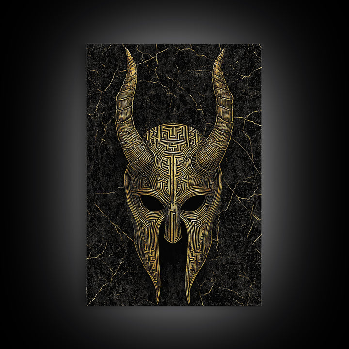 Horned Spartan Helmet Canvas Gold Art, Mythology Warrior Canvas Print, Real Wood Frame Greek Wall Decor
