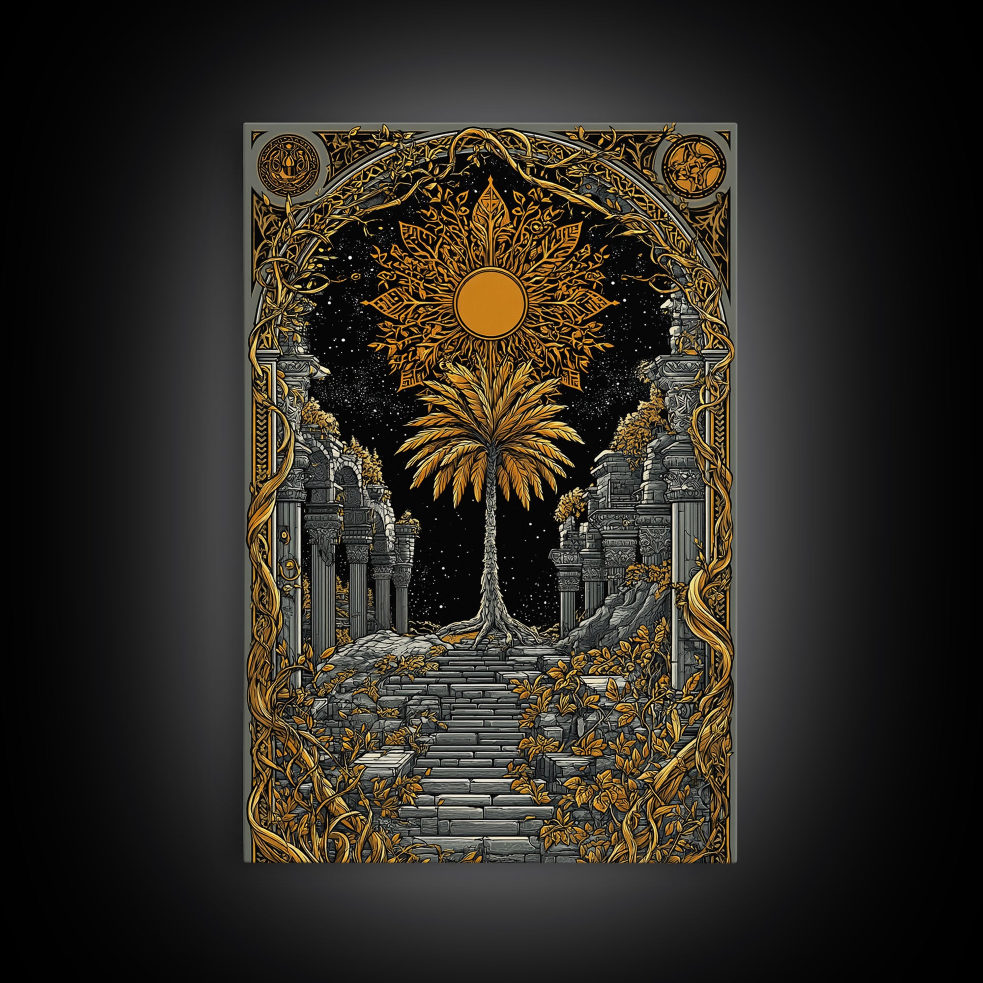 Golden Sun And Palm Canvas Gold Canvas Print, Mythical Ruins Wall Art, Real Wood Frame Ancient Greece Decor