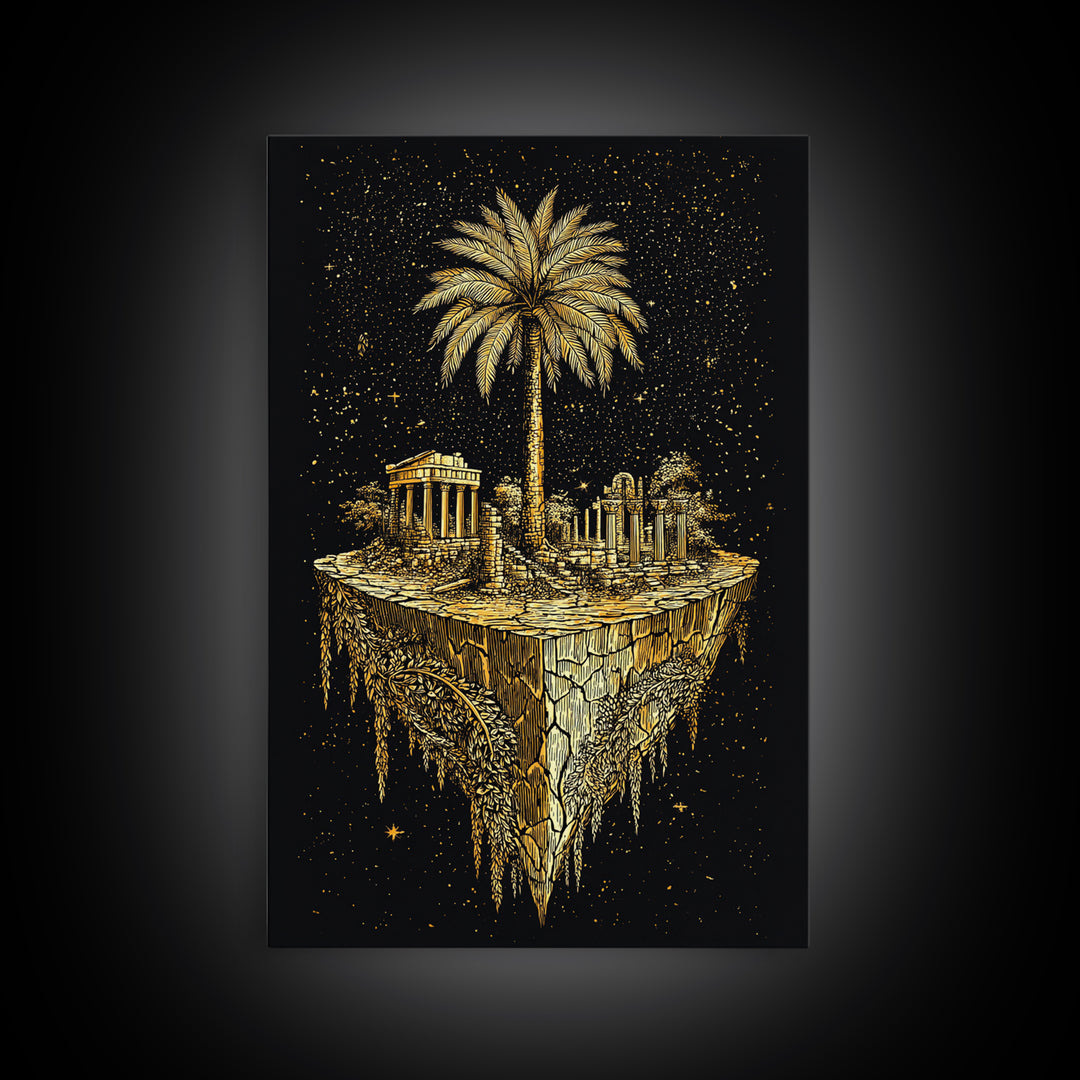 Floating Island Ruins Canvas Gold Art, Ancient Greek Temple Canvas Print, Real Wood Frame Mythology Decor
