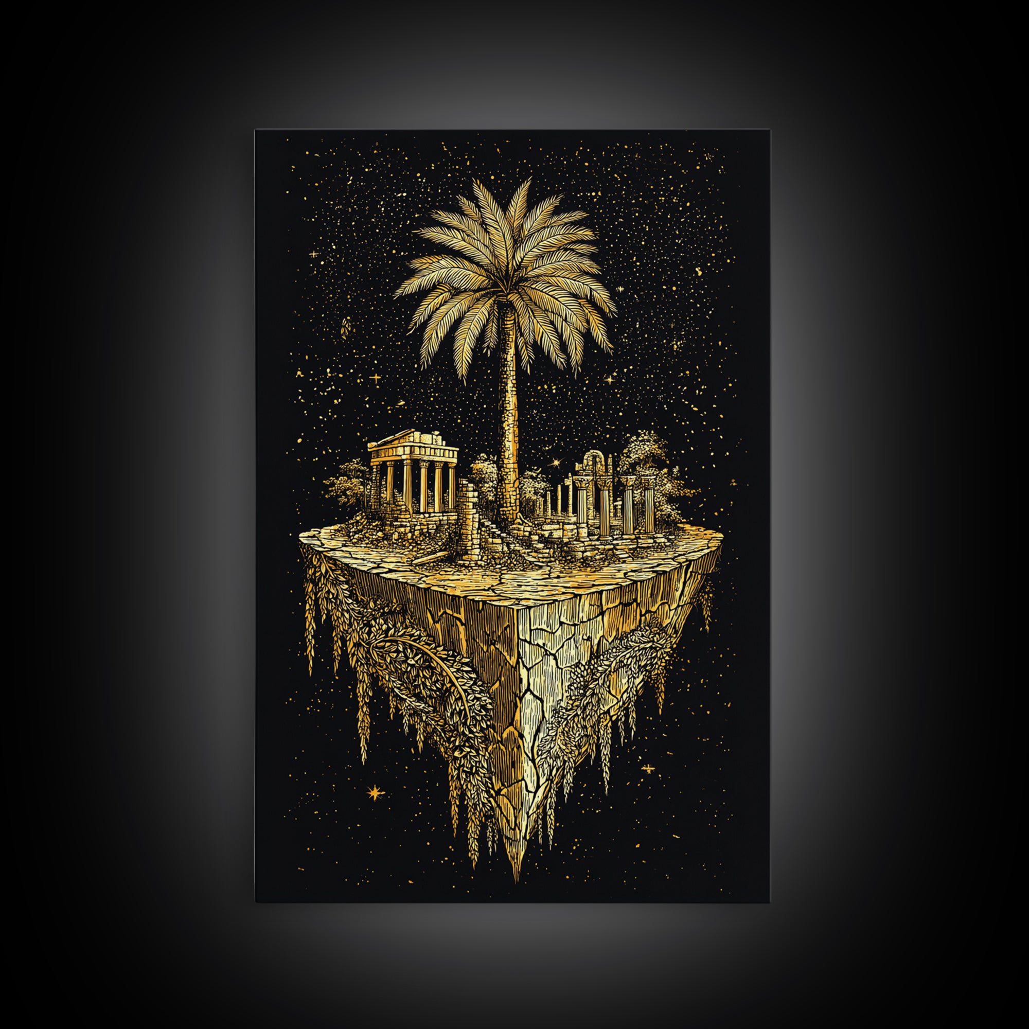Floating Island Ruins Canvas Gold Art, Ancient Greek Temple Canvas Print, Real Wood Frame Mythology Decor