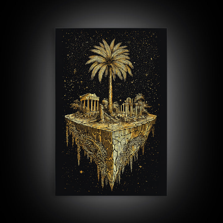 Floating Island Ruins Canvas Gold Art, Ancient Greek Temple Canvas Print, Real Wood Frame Mythology Decor