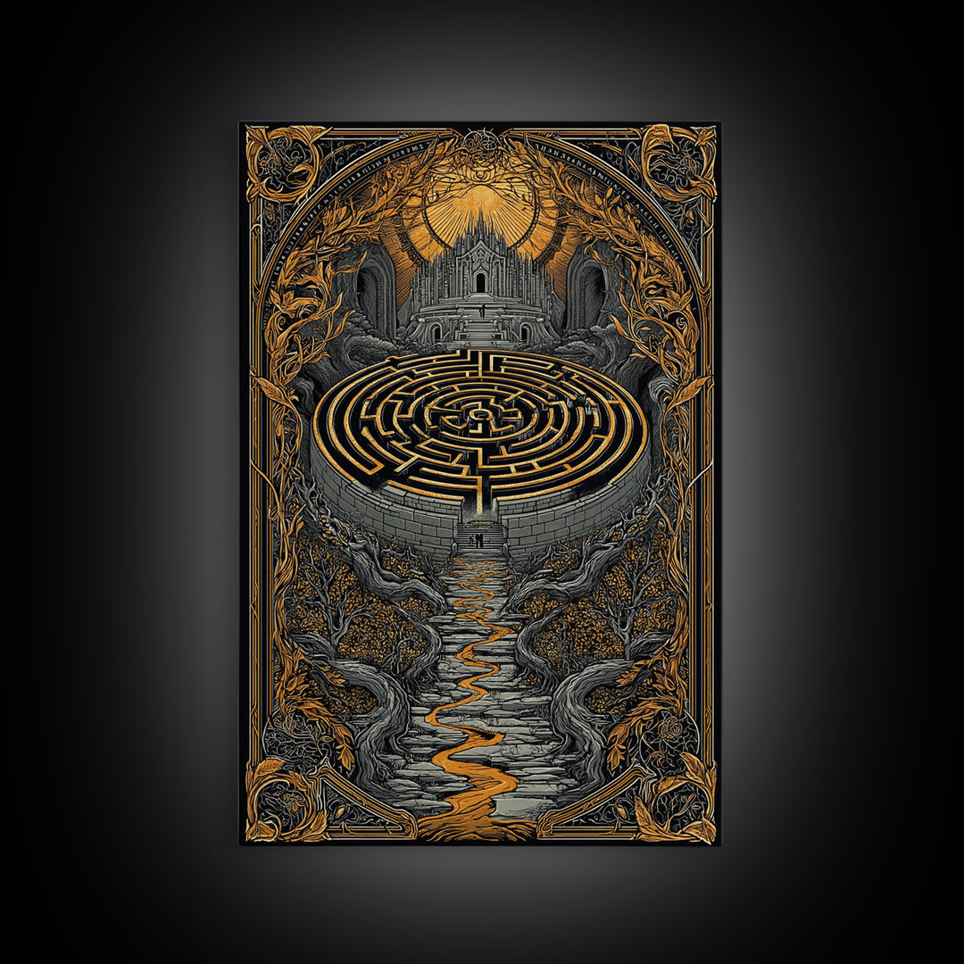 Labyrinth Path Canvas Gold Canvas Print, Ancient Maze Wall Art, Real Wood Frame Mythology Inspired Decor