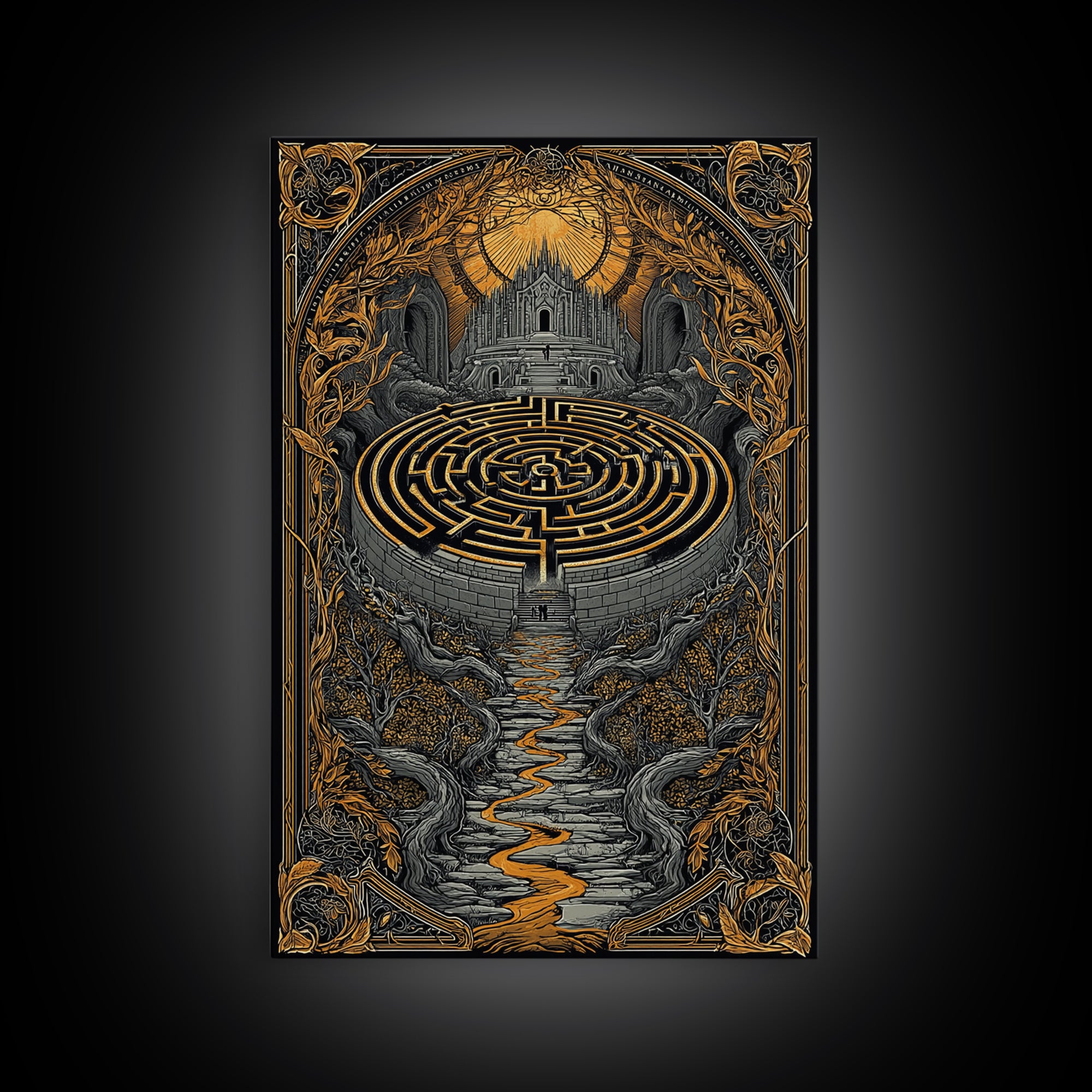 Labyrinth Path Canvas Gold Canvas Print, Ancient Maze Wall Art, Real Wood Frame Mythology Inspired Decor