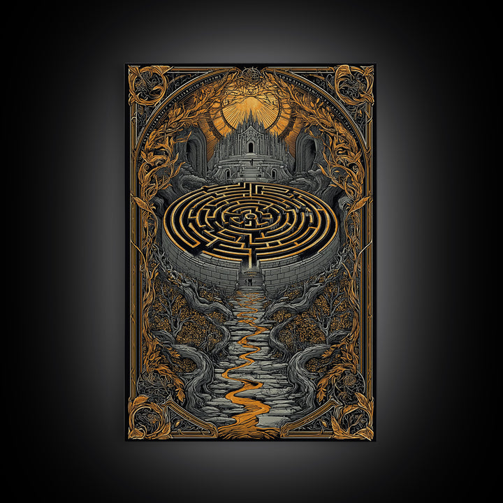 Labyrinth Path Canvas Gold Canvas Print, Ancient Maze Wall Art, Real Wood Frame Mythology Inspired Decor