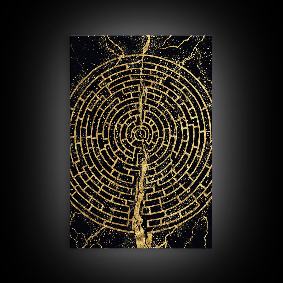 Circular Labyrinth Canvas Gold Art, Ancient Greek Maze Canvas Print, Real Wood Frame Mythology Wall Decor