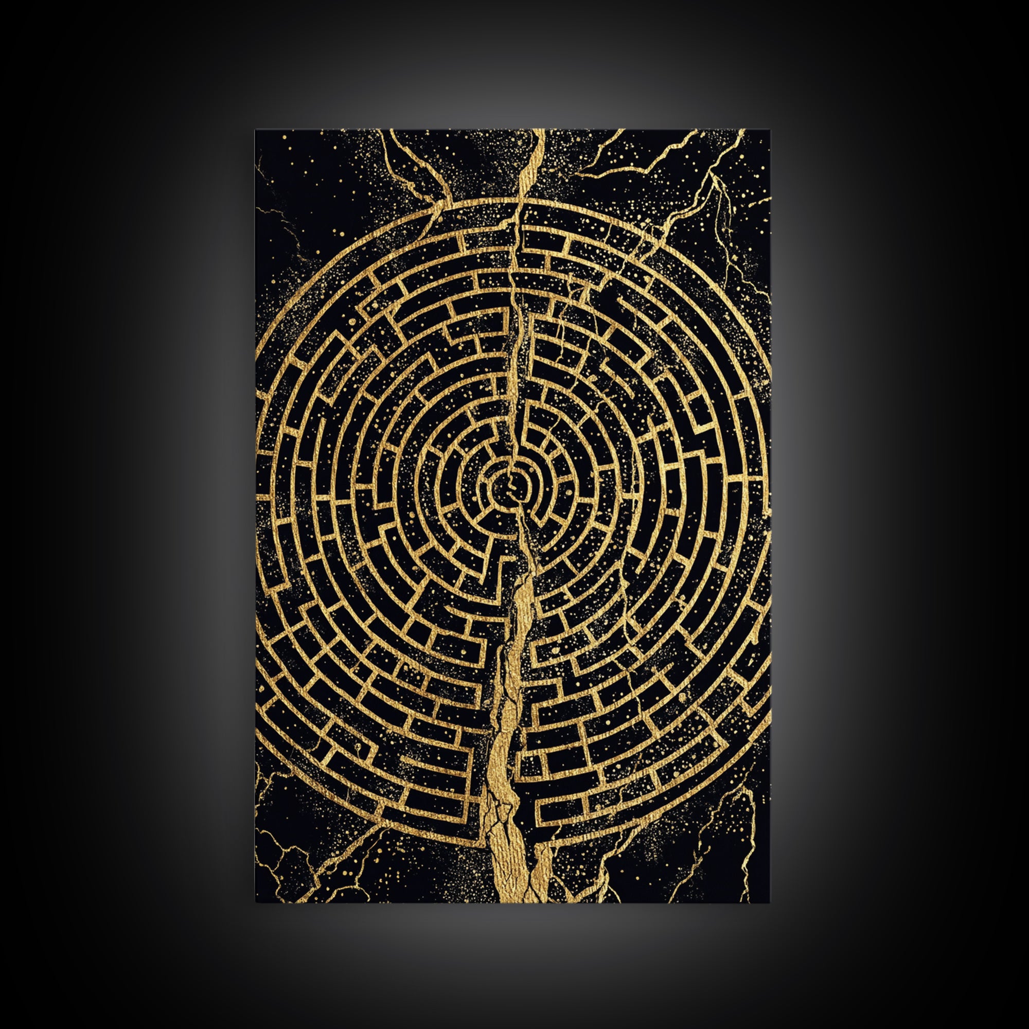 Circular Labyrinth Canvas Gold Art, Ancient Greek Maze Canvas Print, Real Wood Frame Mythology Wall Decor